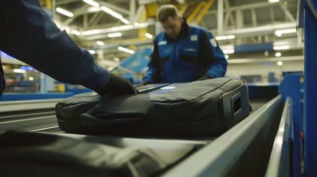 Security personnel meticulously inspecting luggage at airport checkpoint, ensuring safety and compliance with travel regulations. The scene emphasizes the importance of thoroughness in maintaining pub