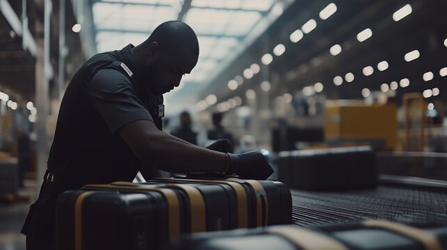 Security personnel meticulously inspecting luggage at airport checkpoint, ensuring safety and compliance with travel regulations. The scene emphasizes the importance of thoroughness in maintaining pub
