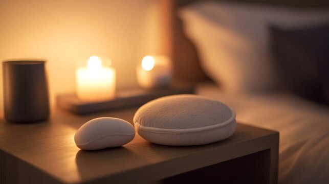 Sleep aid products neatly arranged on a bedside table, promoting relaxation and restful sleep for a peaceful night's slumber.