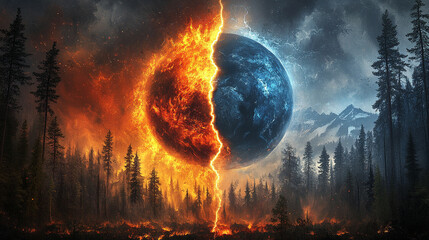 Fototapeta premium Dramatic imagery of Earth split by a vibrant lightning bolt symbolizing division conflict and energy contrasting halves of the planet representing duality power and the fragility of our world