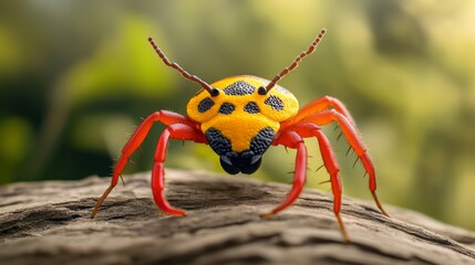 Fototapeta premium Colorful spider perched on a wooden surface in a natural setting.