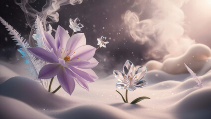 Lavender flower in foggy ice background, created by Generative AI