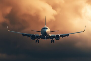 Obraz premium Aircraft approaching against a dramatic sky backdrop.