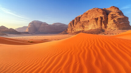 Naklejka premium The breathtaking orange-red sands of Wadi Rum desert in Jordan, with dramatic sandstone formations under a clear blue sky, evoke serenity, adventure, and timeless natural beauty