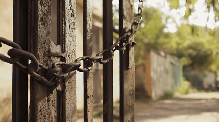 Closed factory gate with chain and padlock, symbolizing the end of an era and the transition to new beginnings. Industrial decline and the shift towards modernization and renewal.