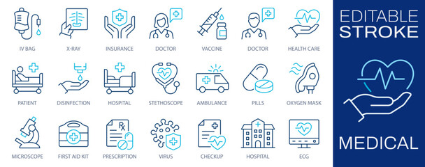 Medical line icons, such as vaccine, stethoscope, x-ray, oxygen mask and more. Editable stroke.