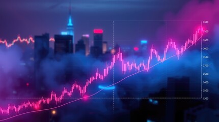 A vibrant city skyline with a digital stock market graph overlay.