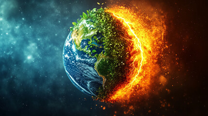 Obraz premium Dramatic imagery of Earth split by a vibrant lightning bolt symbolizing division conflict and energy contrasting halves of the planet representing duality power and the fragility of our world