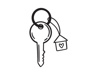 house key with heart doodle hand drawn icon. Outline drawing home key line clipart symbol