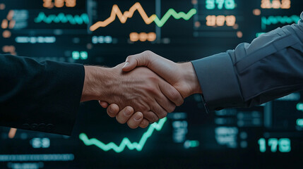 Two professional investors shaking hands confidently standing in front of a corporate building