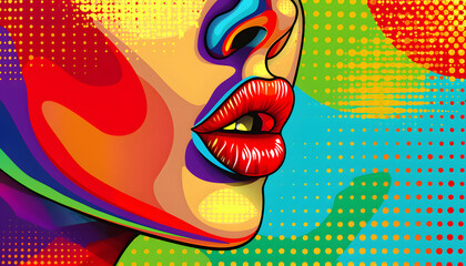 A striking pop art illustration featuring a side profile with bold red lips, vibrant hues of yellow, blue, and green, and dynamic dotted and abstract patterns