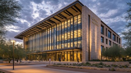 Obraz premium Modern building exterior at dusk, showcasing architectural design, landscaping, and lighting.