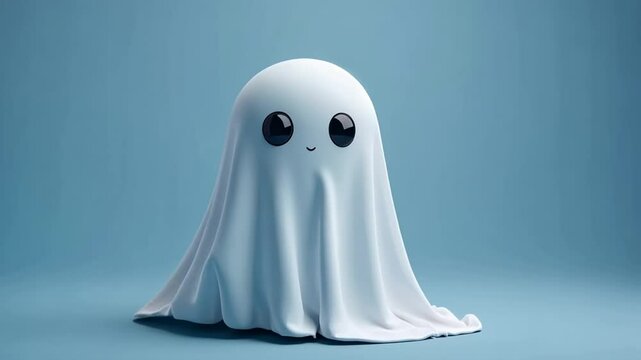 Cute cartoon ghost character in a playful pose against a blue background