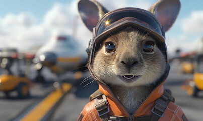 cartoon animal pilot in flight jacket and glasses standing on runway.