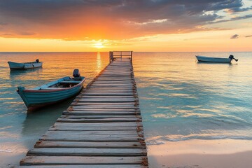 Serene maritime sunset at a tranquil beach with a wooden pier and fishing boats coastal environment...