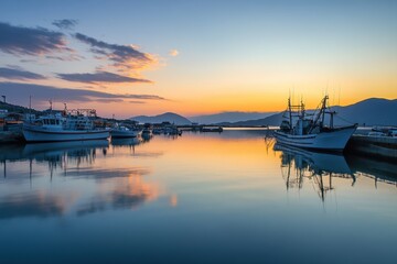 Fototapeta premium Maritime serenity at dawn tranquil harbor with docked boats coastal landscape calm waters scenic viewpoint for nature lovers and travel enthusiasts