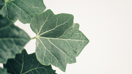 Fresh green leaf with intricate veins on light background, showcasing natures beauty