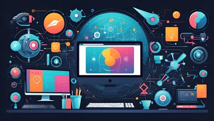 Fototapeta premium Illustration of a digital video camera with technology and communication icons