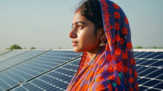 Beautiful Indian female engineer standing against a background of solar panels and a clear sky. 