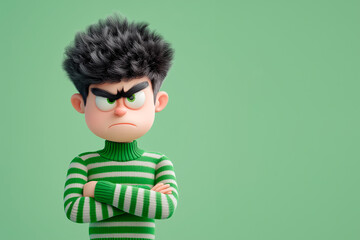 angry cartoon character young man male boy person wearing green stripped shirt and sweater in 3d style design on green  background. image