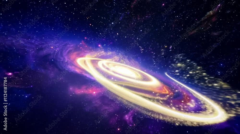 Poster flight through the galaxy with spreading nebula clouds, shiny stars and constellations