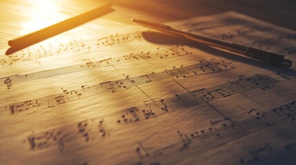 Fototapeta premium Classical music sheet notes elegantly displayed on a wooden stand, embodying the timeless beauty and intricate artistry of orchestral compositions.