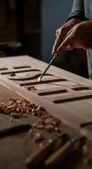 Close-up of wood carving by male artisan using chisel