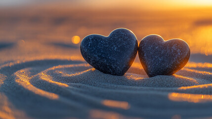 Fototapeta premium Two dark-toned, heart-shaped smooth stones arranged on a serene surface, symbolizing love, resilience, and unity. The natural textures and shapes evoke strength and enduring connection