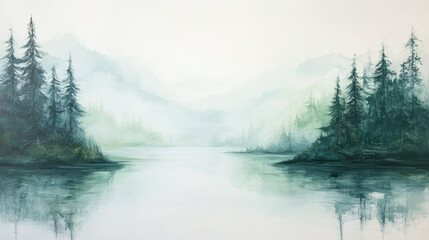serene landscape painting featuring misty mountains and calm waters