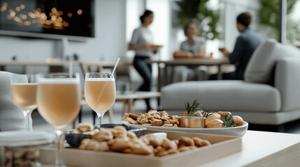 Group of employees casually enjoying snacks and drinks during a casual office celebration