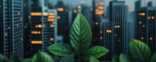 An enchanting cityscape intricately woven with vibrant, lush leaves, blending nature and urban life harmoniously.