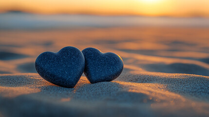 Fototapeta premium Two dark-toned, heart-shaped smooth stones arranged on a serene surface, symbolizing love, resilience, and unity. The natural textures and shapes evoke strength and enduring connection