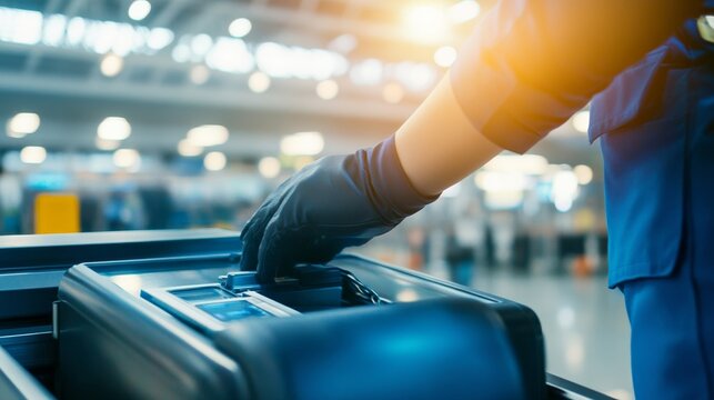 Security personnel meticulously inspecting luggage at airport checkpoint, ensuring safety and compliance with travel regulations. The scene emphasizes the importance of thoroughness in maintaining pub