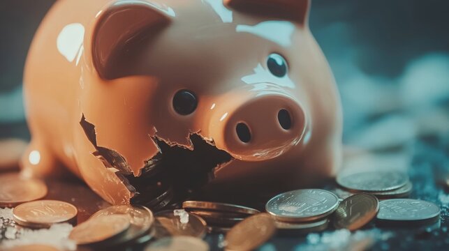 Broken piggy bank with coins scattered around, symbolizing financial struggle and the need for careful budgeting and saving.