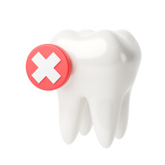 White tooth with a cross sign in a red circle. 3d render. isolated on white
