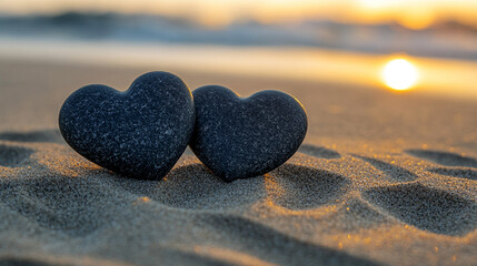 Fototapeta premium Two dark-toned, heart-shaped smooth stones arranged on a serene surface, symbolizing love, resilience, and unity. The natural textures and shapes evoke strength and enduring connection
