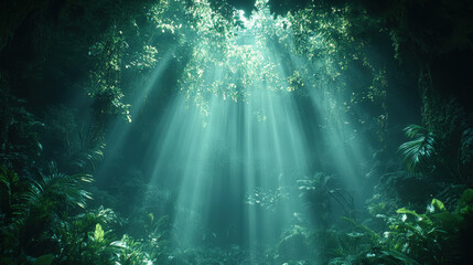 Enchanting Sunlight Filtering Through Canopy in Lush Tropical Jungle Creating Ethereal Atmosphere with Misty Surroundings and Vibrant Greenery
