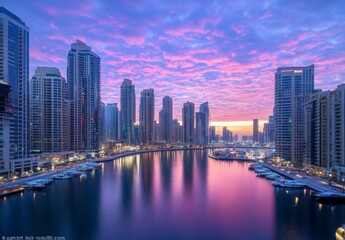 Naklejka premium Dubai Marina Sunrise: A Breathtaking Cityscape at Dawn