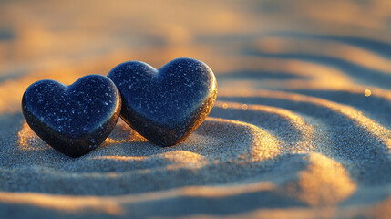 Fototapeta premium Two dark-toned, heart-shaped smooth stones arranged on a serene surface, symbolizing love, resilience, and unity. The natural textures and shapes evoke strength and enduring connection