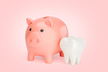 Piggy bank and tooth. Saving the budget for the dentist. 3d render
