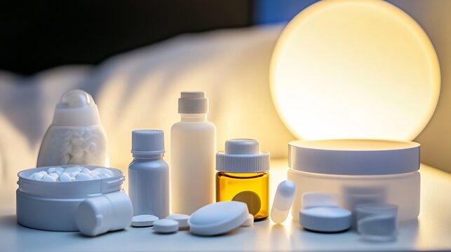 Sleep aid products neatly arranged on a bedside table, promoting relaxation and restful sleep for a peaceful night's slumber.