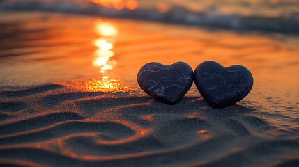 Fototapeta premium Two dark-toned, heart-shaped smooth stones arranged on a serene surface, symbolizing love, resilience, and unity. The natural textures and shapes evoke strength and enduring connection