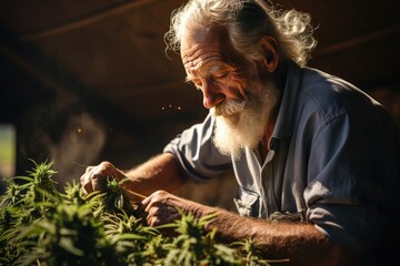 Obraz premium an elderly asian man in holding growing cannabis