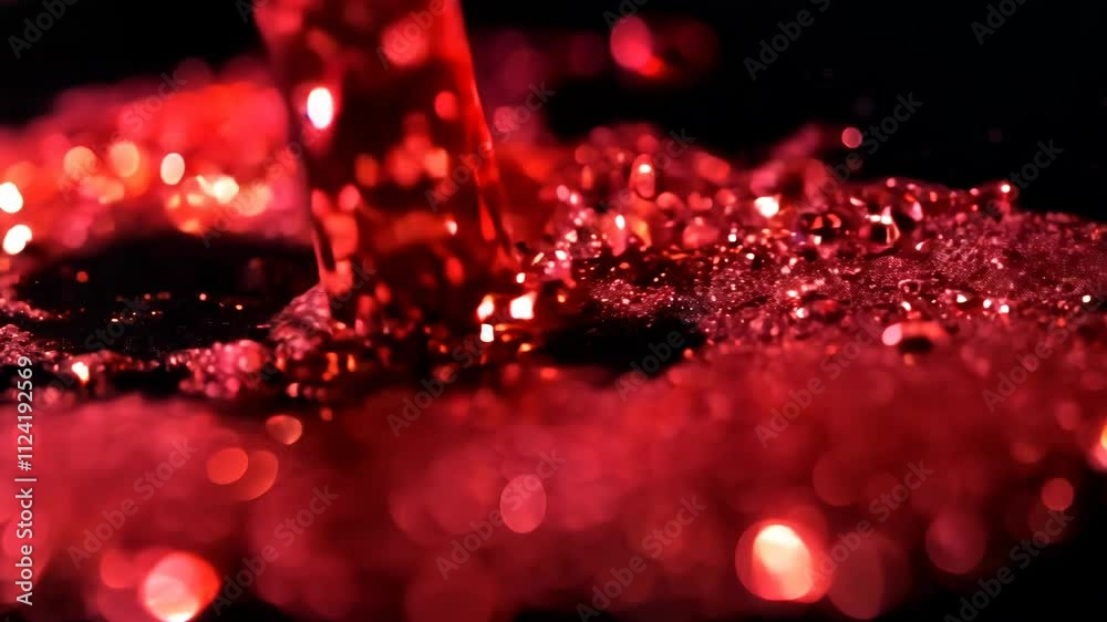 Poster Dynamic drops of red glitter in black oil or ink diffusing through liquid, creating an abstract aquatic swirls