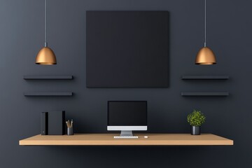 Modern Office Workspace with Computer, Desk, and Shelf Mockup Wall