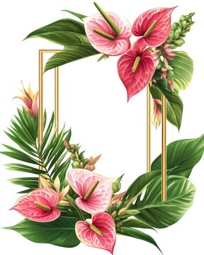 recommend clip art: A wedding frame adorned with tropical anthuriums, pink ginger flowers, and banana leaves, realistic and vibrant, on a white background