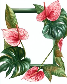 pink anthurium flowers green leaves frame clip art preview