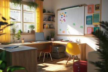 A modern private office space in home, Yellow curtain, yellow chair, desk and whtieboard, work from home