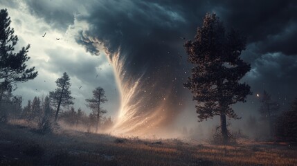 A tornado forming near a group of tall trees on a prairie, the trees being uprooted and pulled into the storm