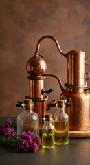 Copper distillation apparatus with essential oils and purple flowers